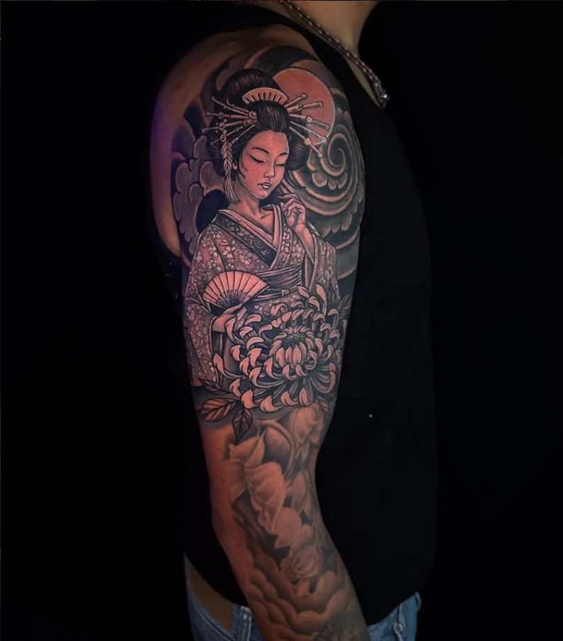 Japanse geisha sleeve, gezet bij El Barrio Ink in Rotterdam